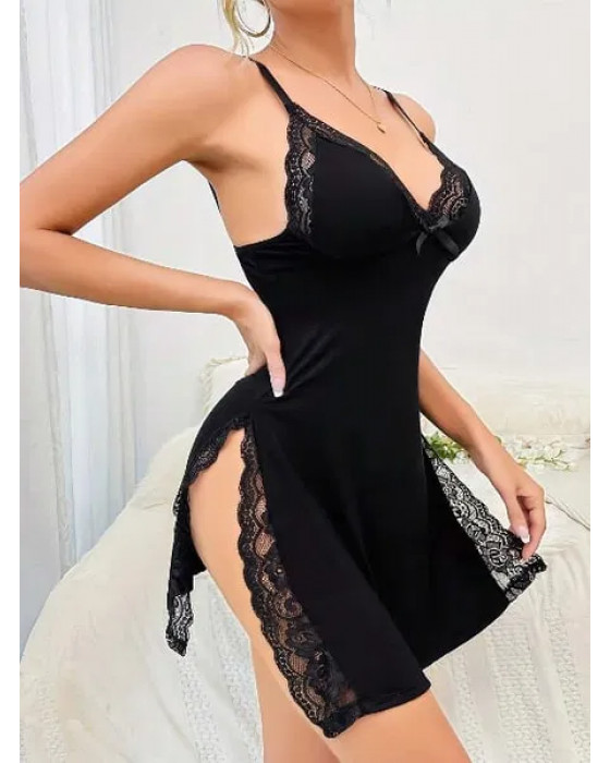 Siyah Çift Yırtmaçlı Dantel Kenarlı Penye Erotik Gecelik Lily Bianca 13037